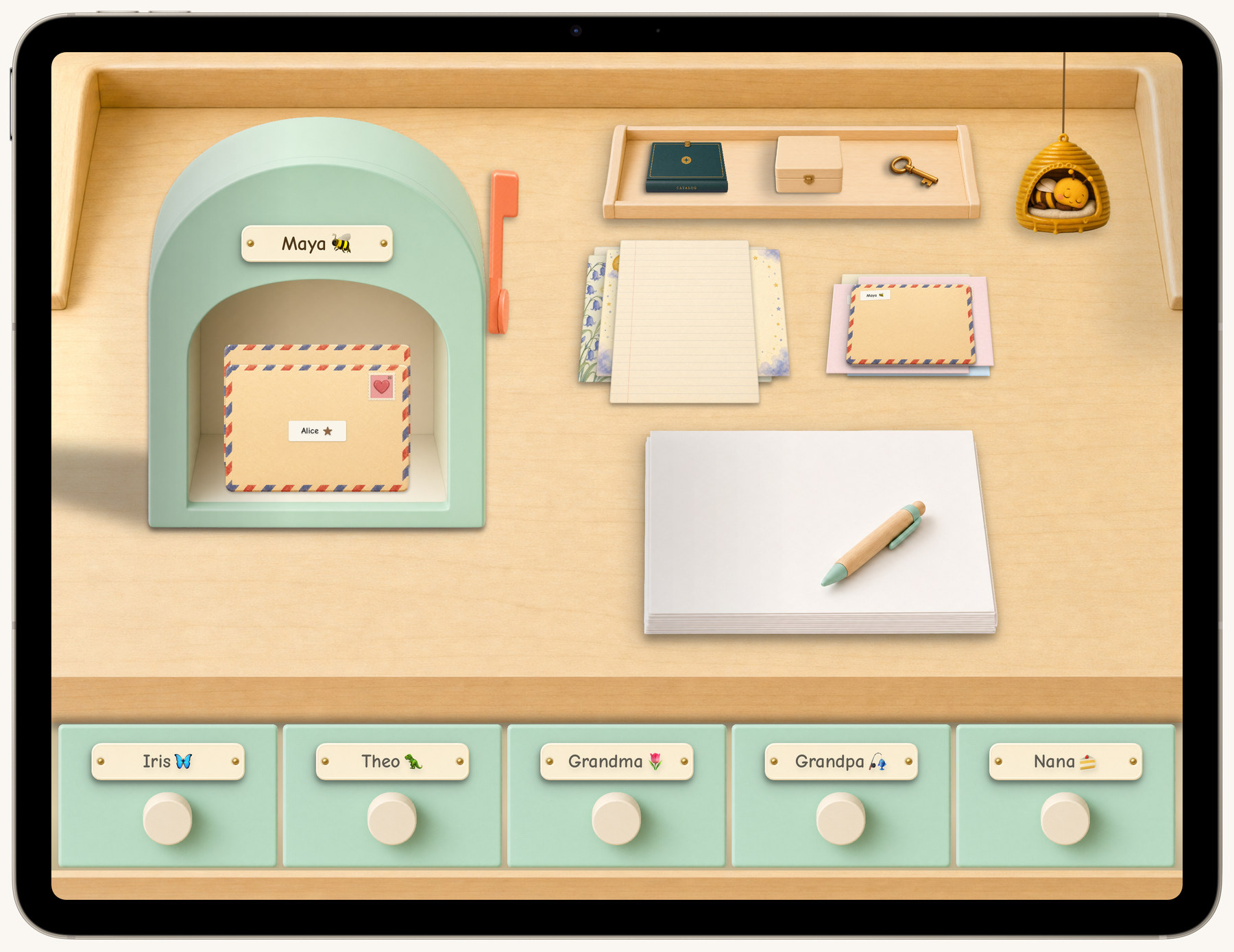Postmello on an iPad - a desk with a mailbox holding mail, a stack of writing paper and a pen, and a row of drawers named for each contact