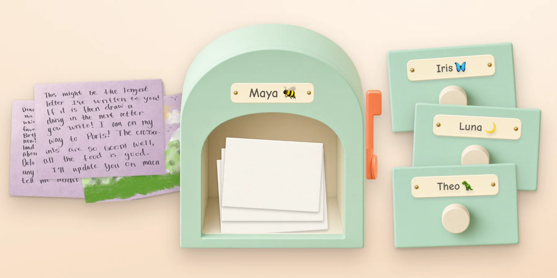A handwritten letter with a painting, a mint mailbox holding letters with its flag up, and three drawers labeled Iris, Luna and Theo