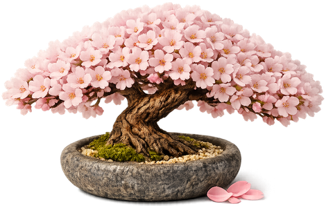 Japanese Garden - a blossoming bonsai, a koi and a rice ball