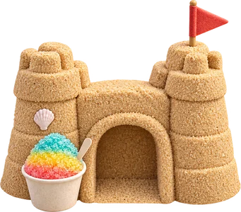 A sandcastle and a cup of rainbow shaved ice from Sandy Beach