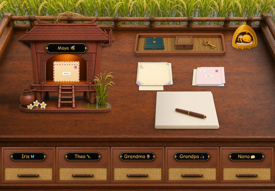 The Baan Naa desk - a stilt house mailbox beside a rice paddy, with woven drawer fronts