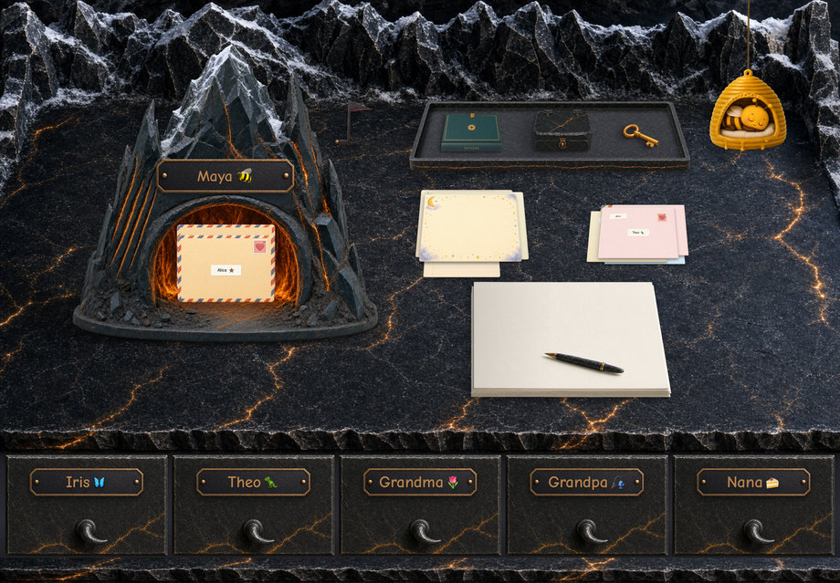 The Ember Peak desk - a black volcanic mailbox lit from within, on a lava-veined desk