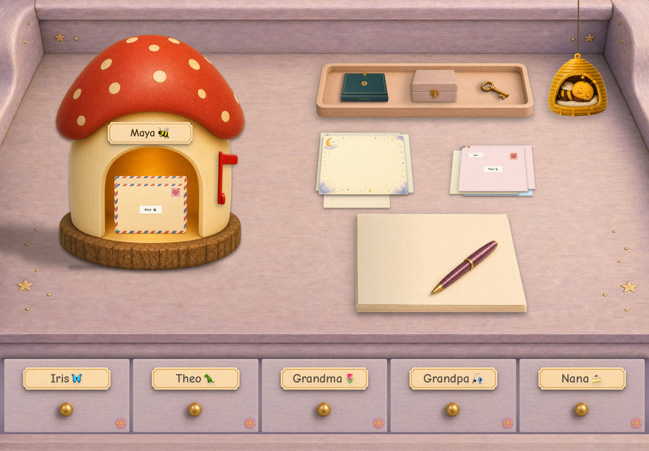 The Fairy Glen desk - a red-capped toadstool mailbox on a lilac desk, with a butterfly on the first drawer