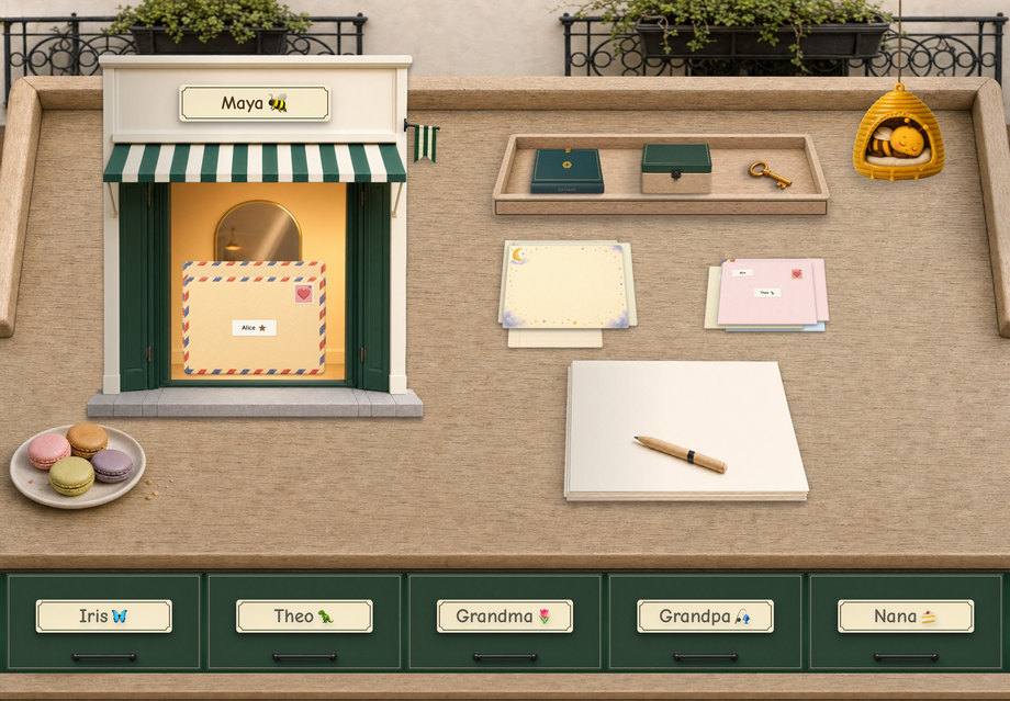 The Petit Café desk - a Parisian café front with a green awning and a plate of macarons