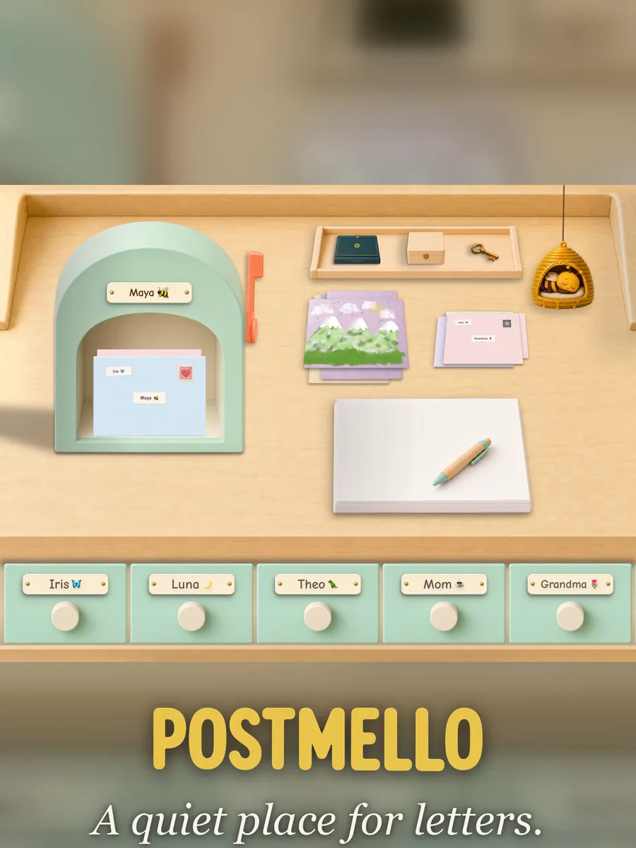 Postmello’s writing desk with its mint mailbox, a stack of paper and a pen, and five friend drawers, from the launch reel