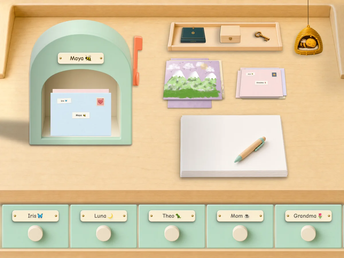 The Postmello desk: a green mailbox holding a letter, a stack of paper with a pen, and a row of drawers labeled with friends’ names