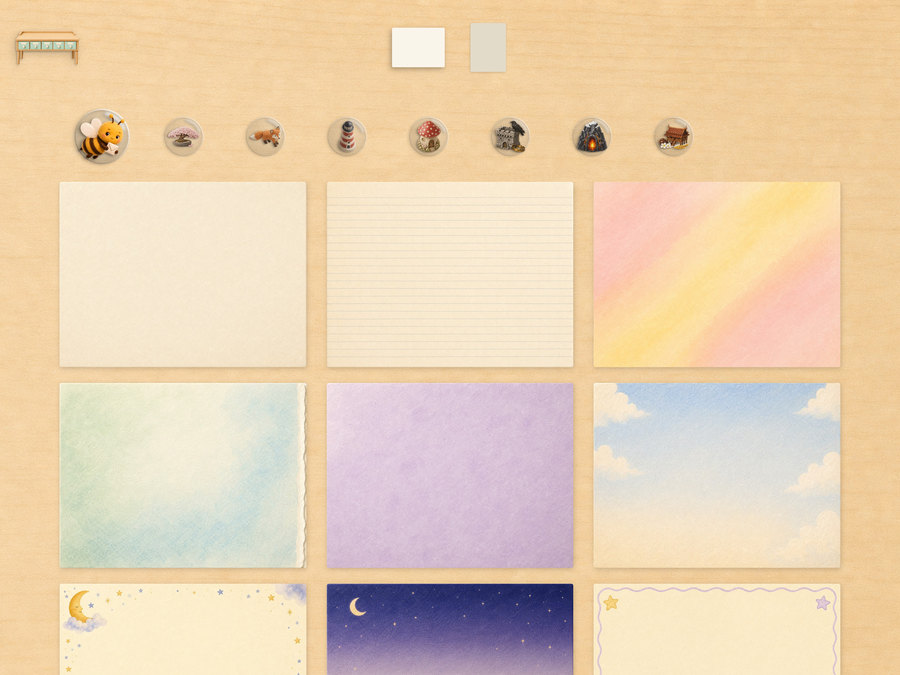 The paper picker - a strip of collection marks above a grid of letter papers, plain and patterned